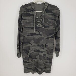 3/$25 Splendid Camo Print Hoodie Mini Dress S Women's Lace Up Casual Olive Green